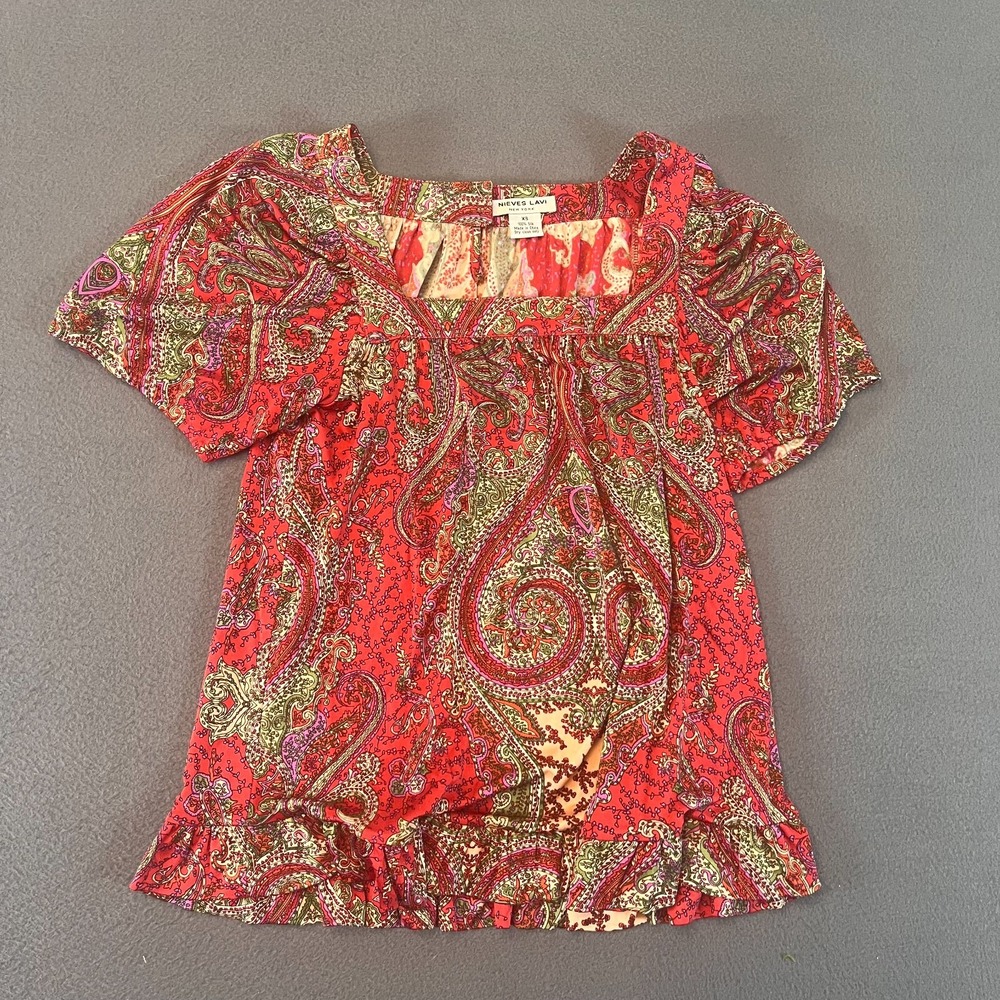 Nieves Lavi 100% Silk Tunic Womens Top‎ Sz XS Paisley Boho Floral Southwestern